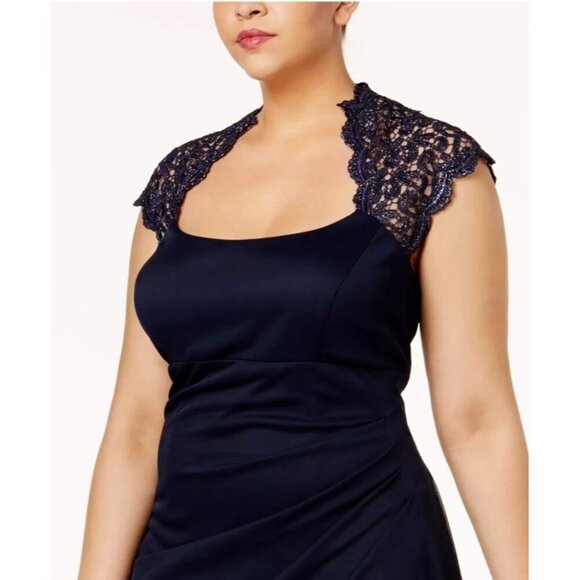 XSCAPE Size 16 Navy Metallic Lace Sleeve Chiffon Ruffled Cascade Gown Dress New - Picture 3 of 12